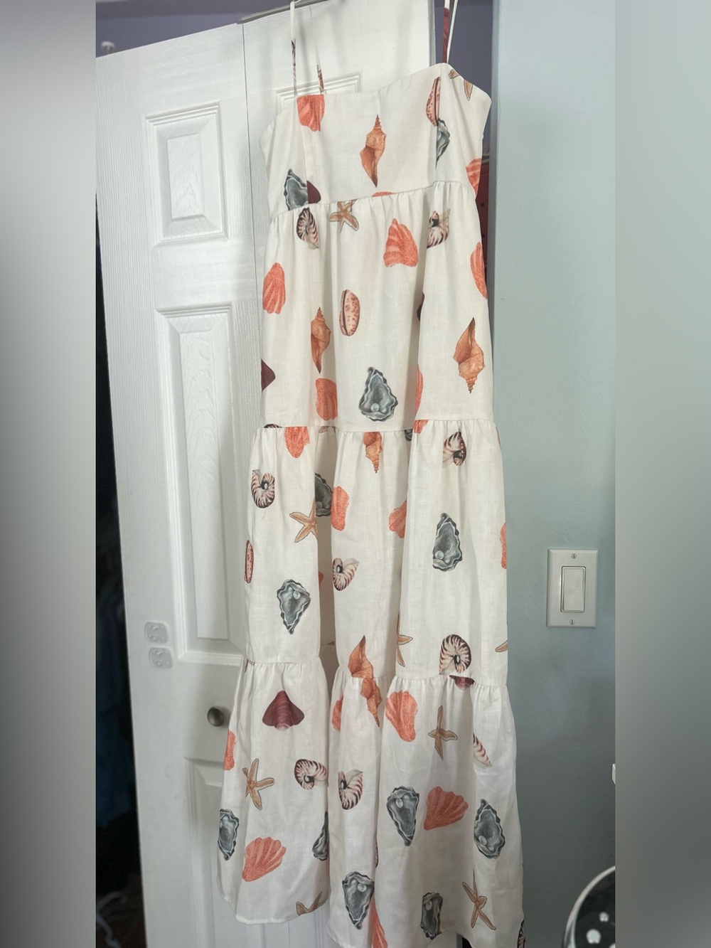Vici White Maxi Dress with Coral and Slate Shell Print